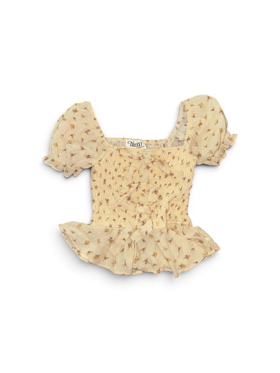 Trixxi Tops - Trixxi Cream Floral Smocked Peplum 3 Bow Puff Sleeve Cottage-core Casual Blouse
